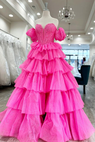 Gorgeous Ball Gown Sweetheart Hot Pink Organza Layered Prom Gown