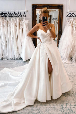 Fashion Ball Gown White Satin Long Wedding Dress with Slit