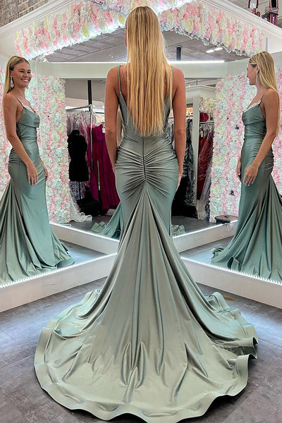 Charming Mermaid Scoop Neck Green Satin Long Prom Dresses