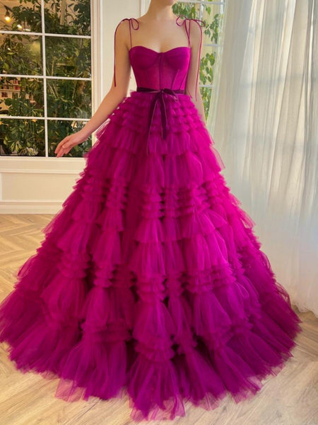 Fashion Cute A Line Sweetheart Fuchsia Tiered Tulle Prom Dresses