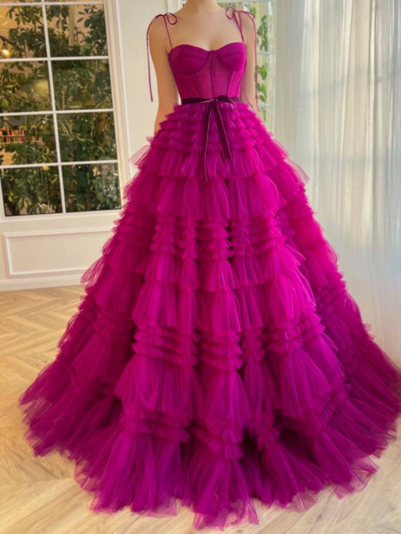 Fashion Cute A Line Sweetheart Fuchsia Tiered Tulle Prom Dresses