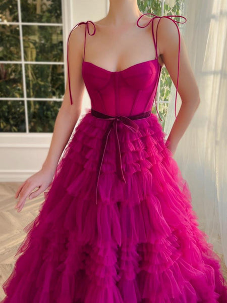 Fashion Cute A Line Sweetheart Fuchsia Tiered Tulle Prom Dresses