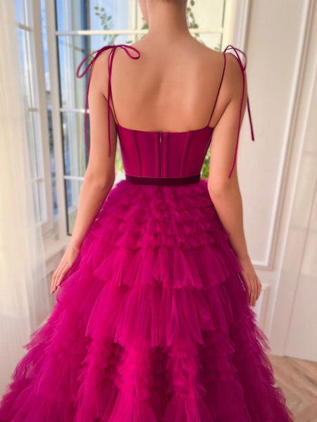 Fashion Cute A Line Sweetheart Fuchsia Tiered Tulle Prom Dresses