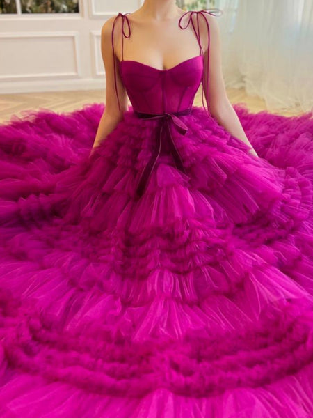 Fashion Cute A Line Sweetheart Fuchsia Tiered Tulle Prom Dresses