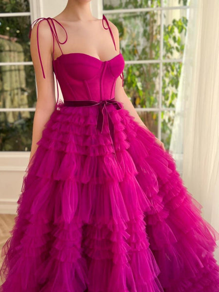 Fashion Cute A Line Sweetheart Fuchsia Tiered Tulle Prom Dresses