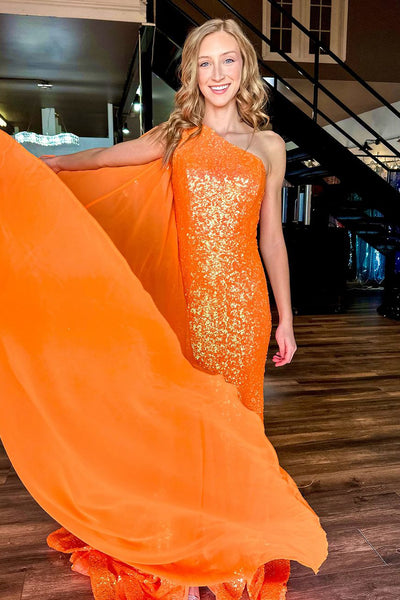 Sparkly Mermaid One Shoulder Orange Sequins Long Prom Dresses with Slit AB24110405