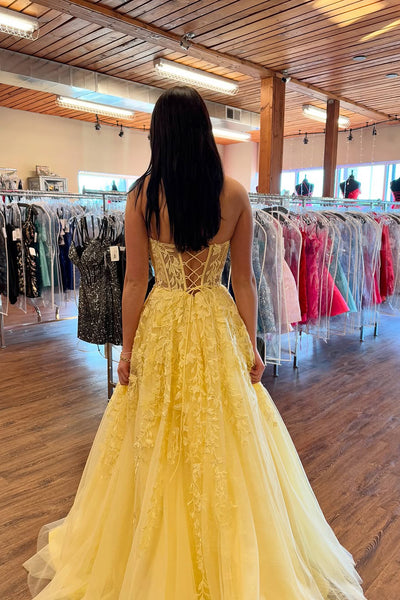 Cute A Line Sweetheart Daffodial Yellow Tulle Long Prom Dress with Appliques AB25013102