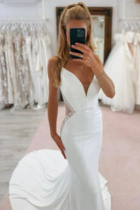 Charming Mermaid V Neck White Wedding Dress with Beading AB25020202