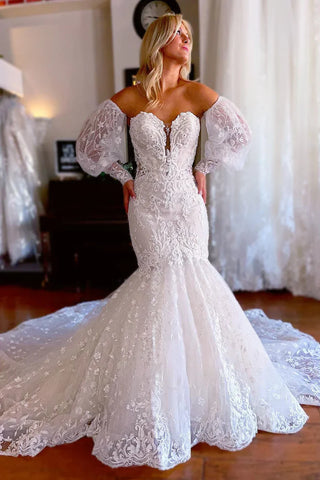 Gorgeous Mermaid Sweetheart Lace Long Beach Wedding Dresses with Sleeves AB24102005