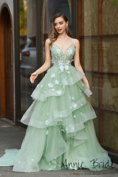 Fairy Ball Gown V Neck Sage Green Tiered Tulle Prom Dress Sweet 16 Dresses AB24121209