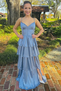 Fairy A Line V Neck Grey Satin Ruffled Prom Dresses with Slit AB24122616