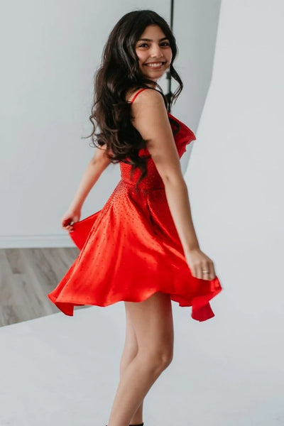 Cute A Line Cowl Neck Red Satin Homecoming Dresses AB24072204