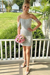 Cute Bodycon Off the Shoulder Silver Sequins Short Party Dresses AB24102912