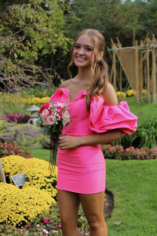 Cute Bodycon Off the Shoulder Pink Satin Short Homecoming Dresses with Ruffled Sleeves AB24101403