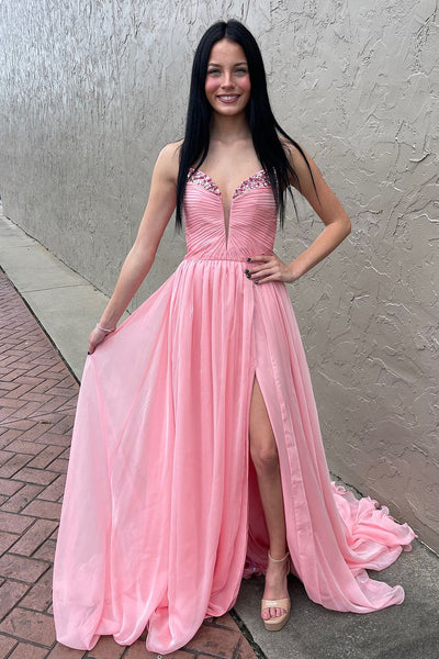 Cute Mermaid V Neck Pink Chiffon Long Prom Dresses with Beading AB24112212