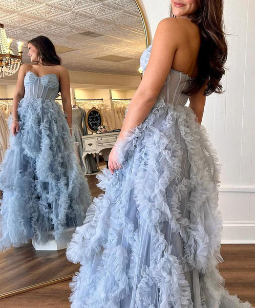 Fairy A Line Sweetheart Grey Ruffled Tulle Prom Dresses with Slit AB24122601