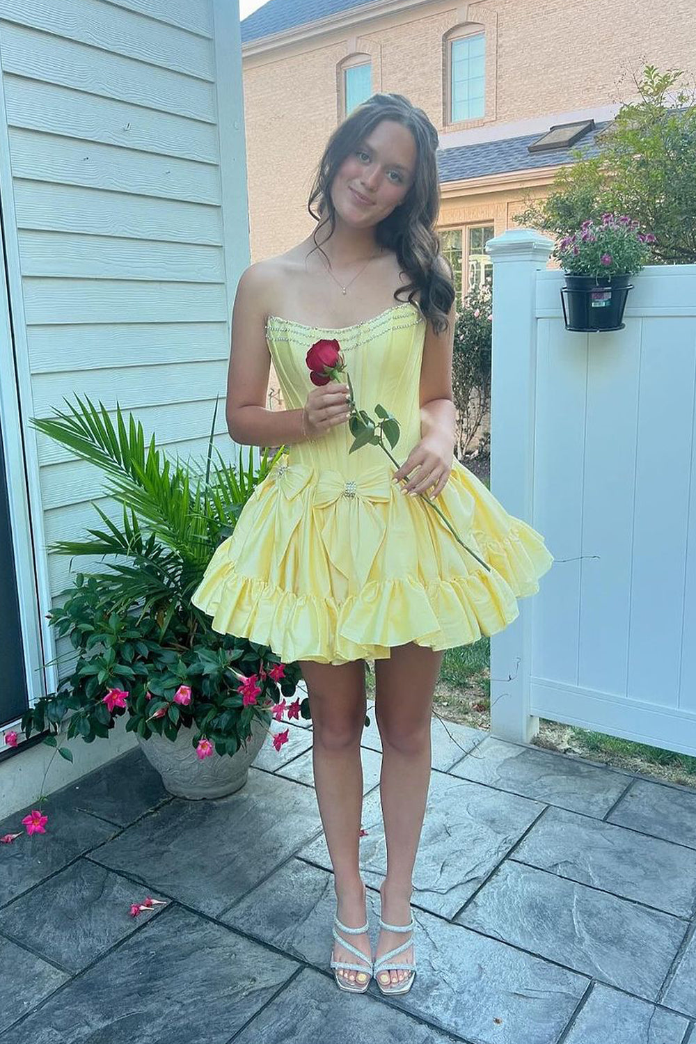 Cute A Line Scoop Neck Yellow Satin Short Homecoming Dresses with Beading AB241006