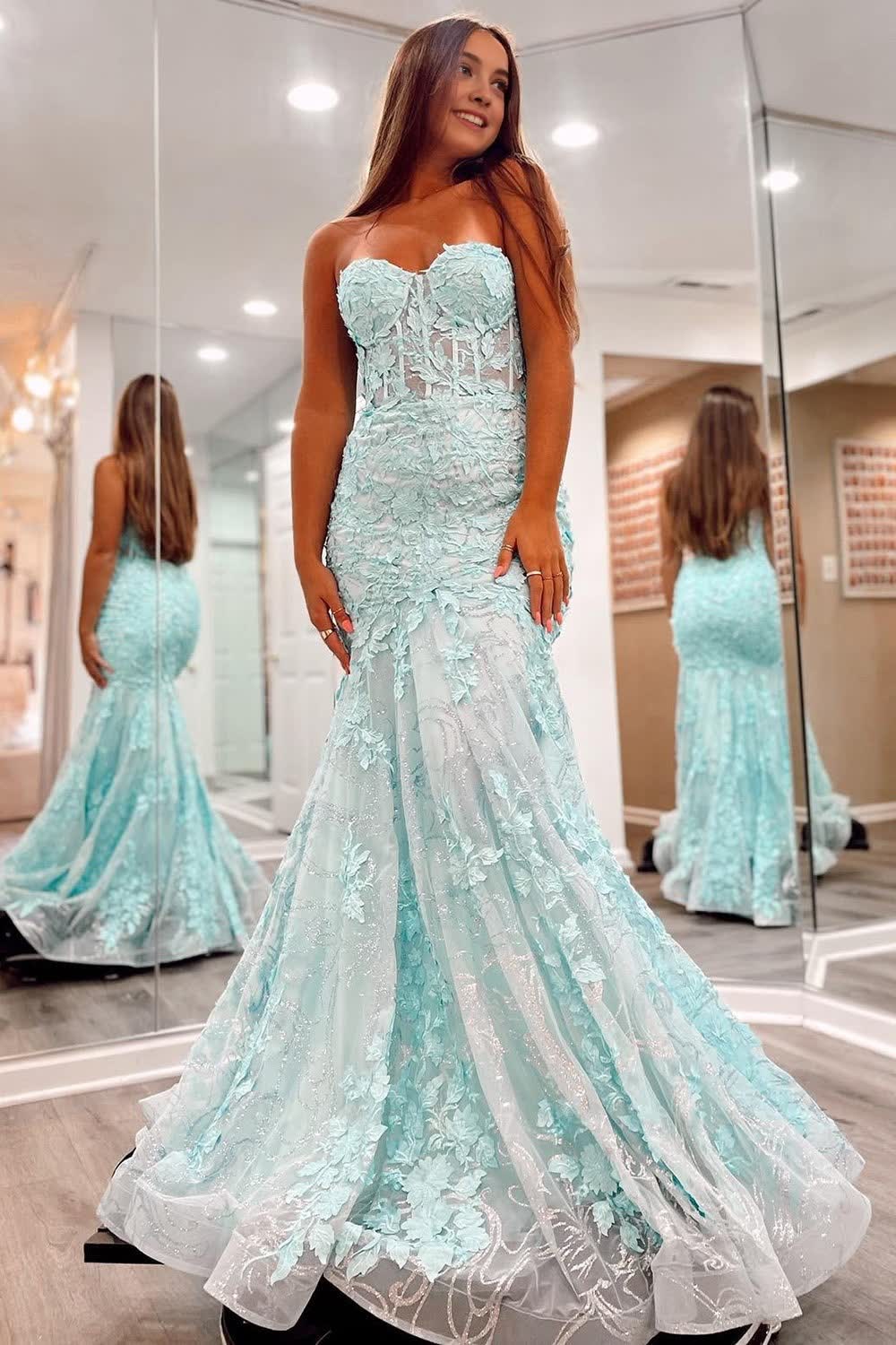 Cute Mermaid Sweetheart Mint Tulle Lace Long Prom Dresses with Appliques AB24112601