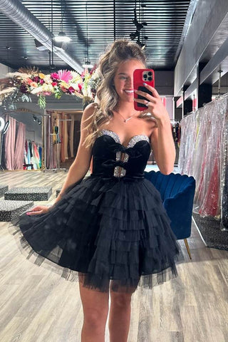 Cute A-Line Sweetheart Black Tiered Tulle Short Homecoming Dresses with Bow AB24081502