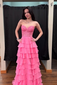 A Line Sweetheart Pink Chiffon Tiered Prom Dress AB25020505