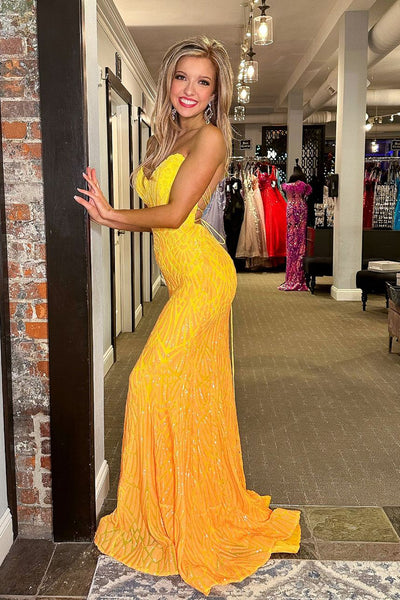 Mermaid Strapless Yellow Sequins Mermaid Long Prom Dress AB4040301