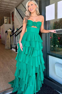 Cute A Line Sweetheart Green Chiffon Tiered Long Prom Dress AB25012501