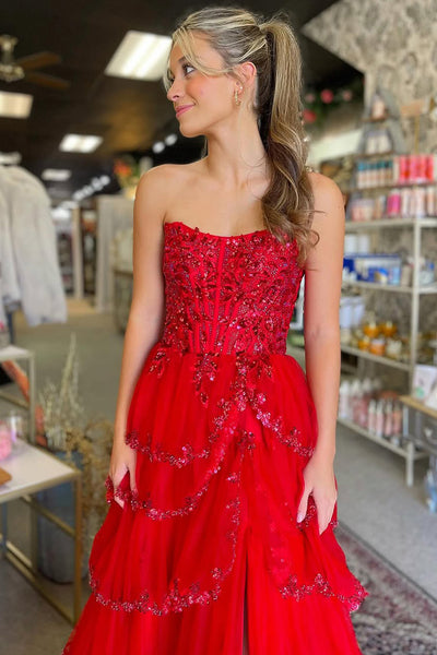 Cute A Line Scoop Neck Red Tulle Tiered Prom Dresses with Beading AB24120308