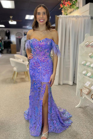 Cute Mermaid Off the Shoulder Purple Sequin Lace Slit Prom Dress with Feather AB24122805