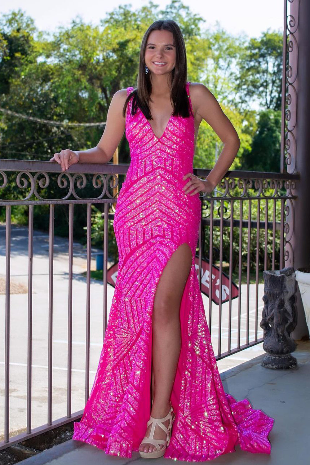 Charming Mermaid V Neck Pink Sequins Long Evening Prom Dresses AB24102508