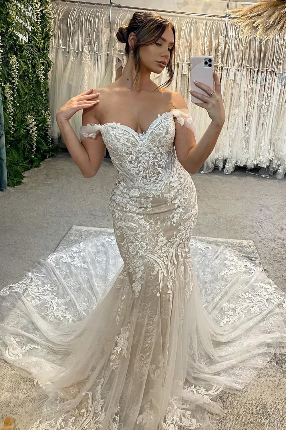 Romantic Mermaid Off the Shoulder Lace Tulle Wedding Dresses with Appliques AB24120915