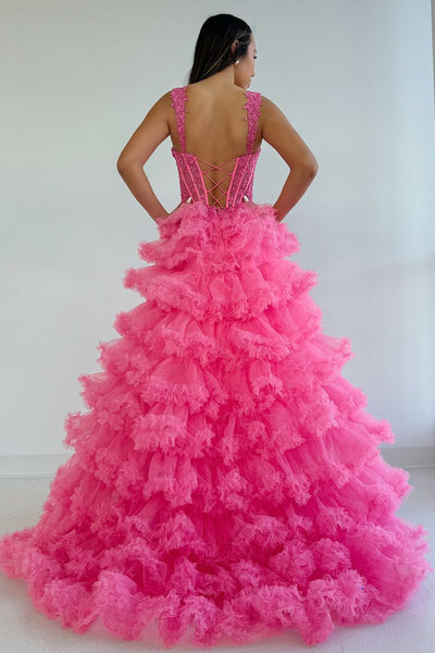 Cute A Line Sweetheart Pink Tiered Tulle Prom Dresses AB24112614