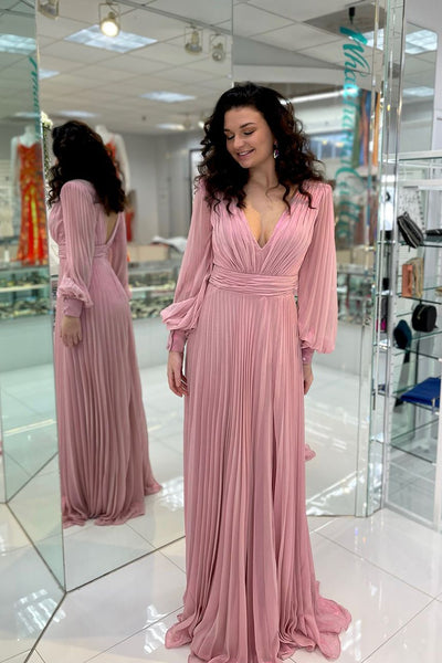 Charming A Line V Neck Chiffon Long Sleeves Wedding Guest Dress