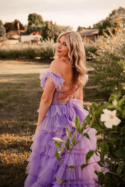 Fairy A Line Off the Shoulder Lilac Tiered Tulle Slit Prom Dresses AB24111810