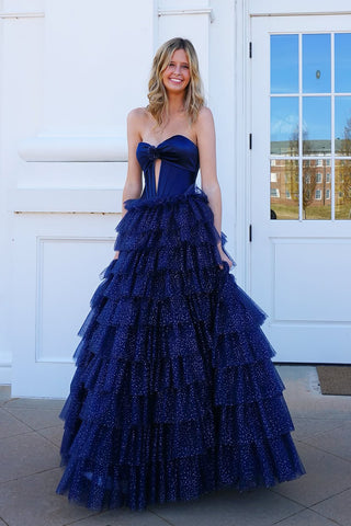 Cute A Line Sweetheart Navy Tulle Tiered Long Prom Dress AB24122003