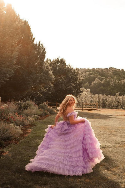 Fairy A Line Off the Shoulder Lilac Tiered Tulle Slit Prom Dresses AB24111810