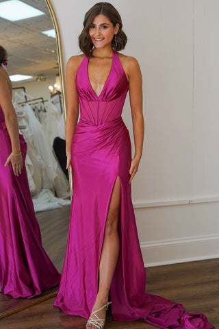 Charming Mermaid V Neck Fuchsia Satin Long Prom Dresses with Slit AB2412012