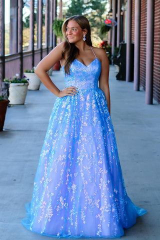 Cute A Line V Neck Light Blue Sequins Lace Tulle Prom Dresses AB24112609