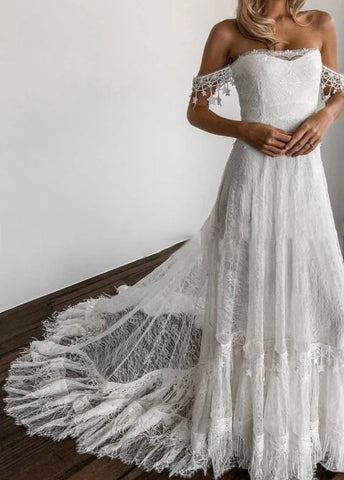 Bohemian Mermaid Off the Shoulder Lace Long Bridal Dresses AB24110609