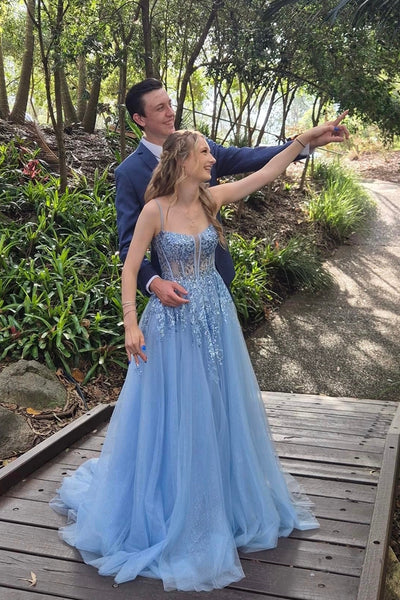 Cute A Line Sweetheart Blue Tulle Long Prom Dresses with Appliques AB24112217