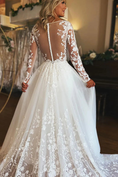 Gorgeous Ball Gown V Neck Lace Wedding Dresses with Long Sleeves AB25020201