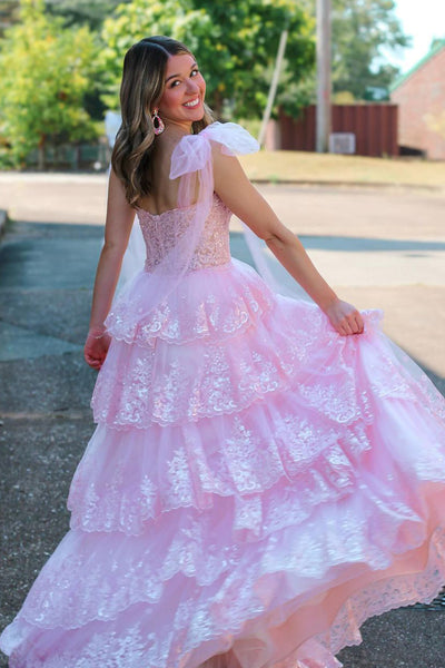 Fairy A Line V Neck Pink Tulle Long Prom Dresses with Appliques AB24101306