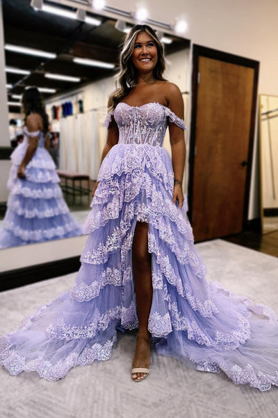 Cute A Line Off the Shoulder Dusty Blue Tiered Tulle Prom Dress with Slit