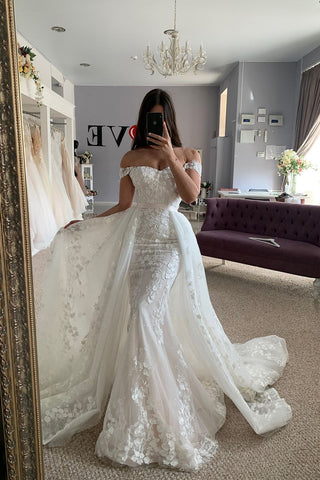 Gorgeous Mermaid Off the Shoulder Lace Long Bridal Dresses with Appliques AB24110816