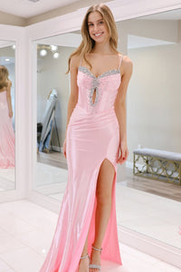 Charming Mermaid V Neck Pink Satin Long Prom Dress with Beading AB25020502