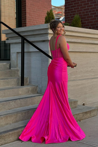 Charming Mermaid Square Neck Satin Fuchsia Long Prom Dresses with Slit AB24112211