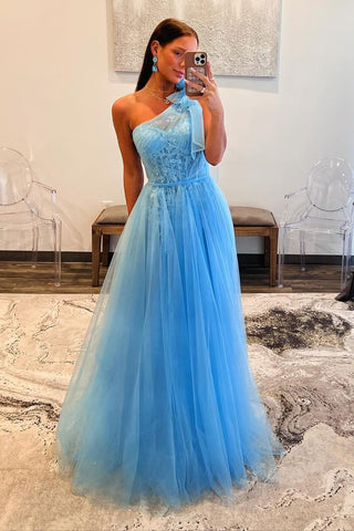 One Shouledr Light Blue Tulle Long Prom Dress with Appliques AB4042501