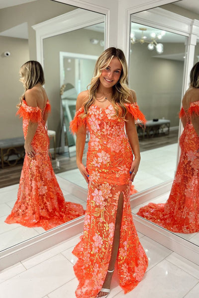 Cute Mermaid Sweetheart Orange Sequins Long Prom Dresses AB24101501