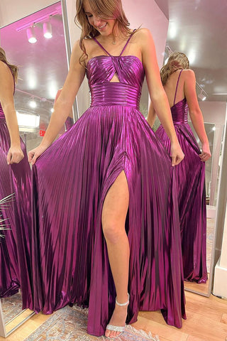 Cute A Line Straps Cutout Purple Sparkly Satin Prom Dress with Slit AB4011304