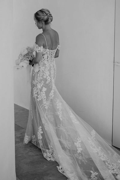 Bohemian Mermaid Off the Shoulder Lace Long Wedding Dresses with Appliques AB24100410