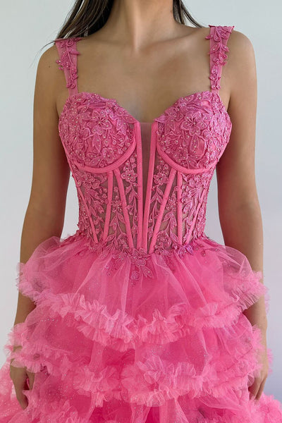 Cute A Line Sweetheart Pink Tiered Tulle Prom Dresses AB24112614